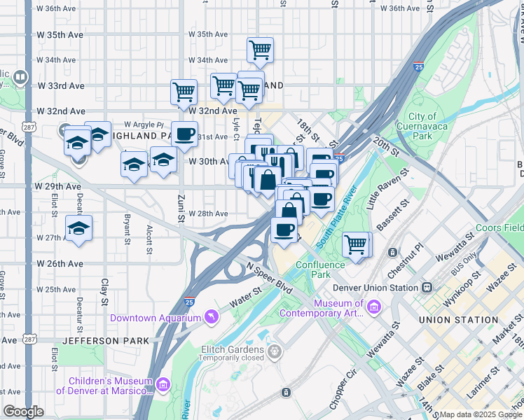 map of restaurants, bars, coffee shops, grocery stores, and more near 2500 15th Street in Denver