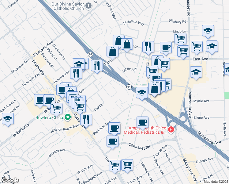 map of restaurants, bars, coffee shops, grocery stores, and more near 61 Arroyo Way in Chico