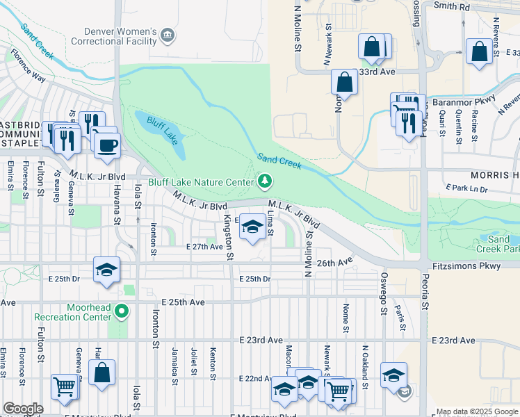 map of restaurants, bars, coffee shops, grocery stores, and more near 11247 East 28th Place in Denver