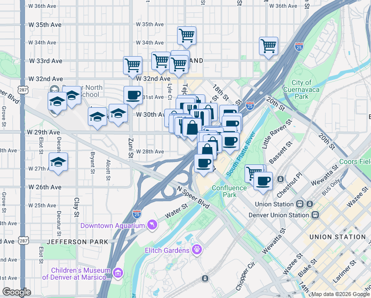 map of restaurants, bars, coffee shops, grocery stores, and more near 1441 Central Street in Denver