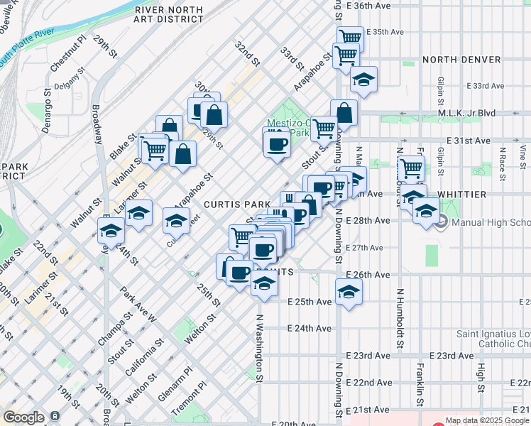 map of restaurants, bars, coffee shops, grocery stores, and more near 2828 Stout Street in Denver