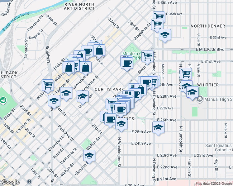 map of restaurants, bars, coffee shops, grocery stores, and more near in Denver