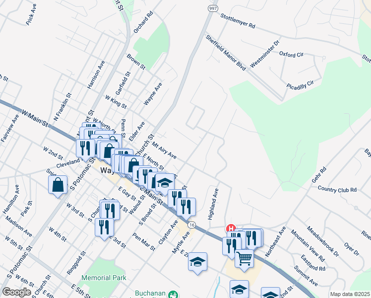 map of restaurants, bars, coffee shops, grocery stores, and more near 231 South Broad Street in Waynesboro