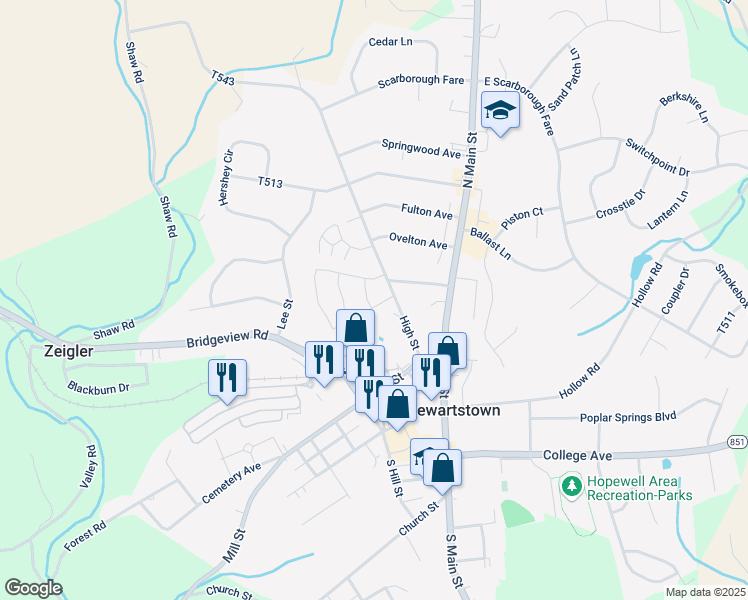 map of restaurants, bars, coffee shops, grocery stores, and more near 6 Chicory Street in Stewartstown