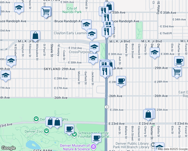 map of restaurants, bars, coffee shops, grocery stores, and more near 2846 Jackson Street in Denver