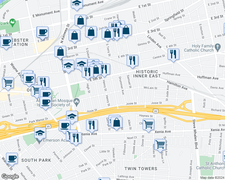 map of restaurants, bars, coffee shops, grocery stores, and more near 63 McClure Street in Dayton