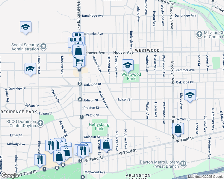 map of restaurants, bars, coffee shops, grocery stores, and more near 2737 Melbourne Avenue in Dayton