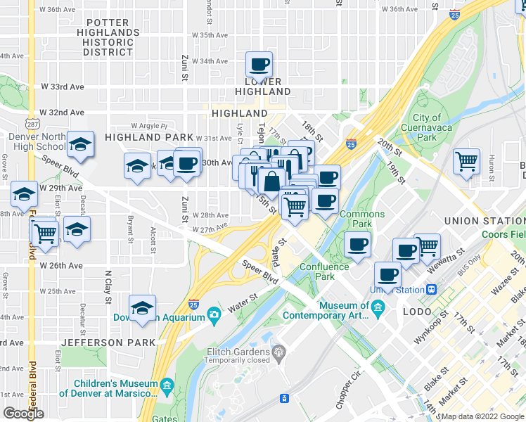 map of restaurants, bars, coffee shops, grocery stores, and more near 2500 15th Street in Denver