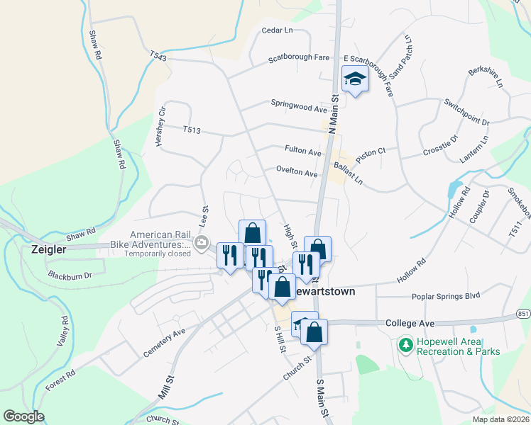map of restaurants, bars, coffee shops, grocery stores, and more near 6 Chicory Street in Stewartstown