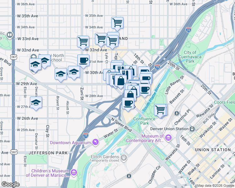 map of restaurants, bars, coffee shops, grocery stores, and more near 2500 15th Street in Denver