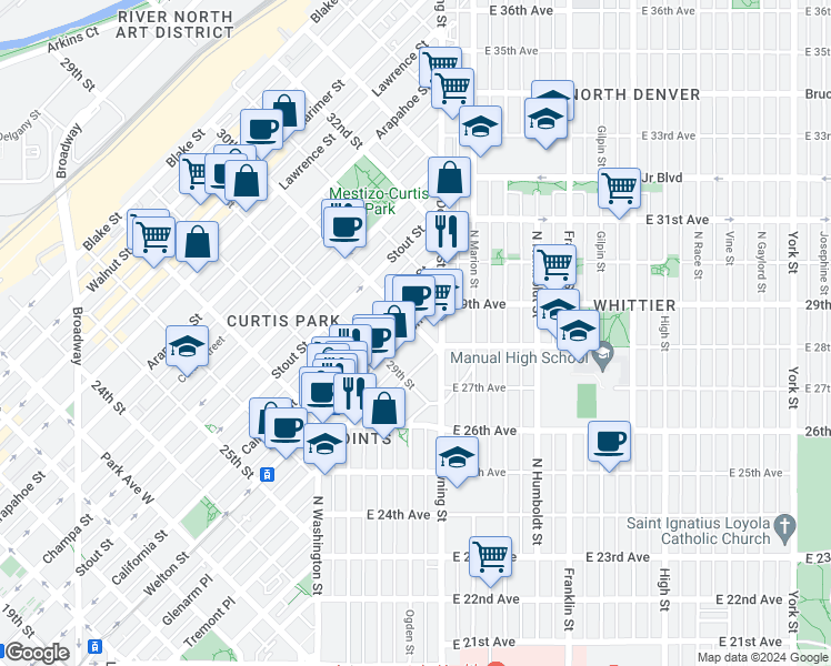 map of restaurants, bars, coffee shops, grocery stores, and more near 2962 Welton Street in Denver
