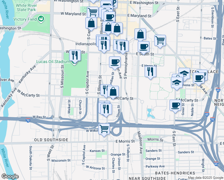 map of restaurants, bars, coffee shops, grocery stores, and more near 717 South Meridian Street in Indianapolis