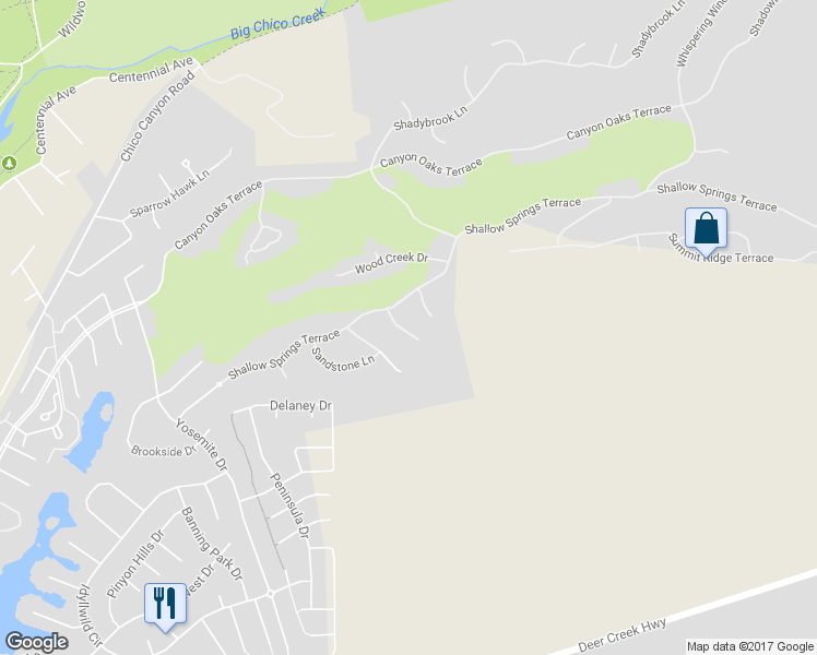 map of restaurants, bars, coffee shops, grocery stores, and more near 7 Hidden Brooke Way in Chico