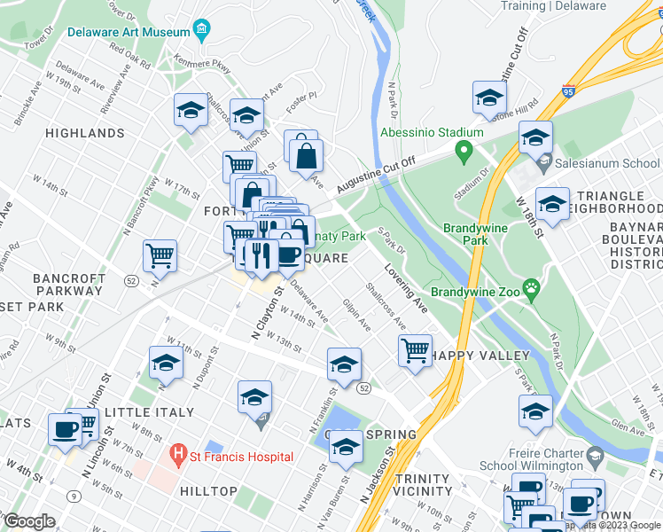 map of restaurants, bars, coffee shops, grocery stores, and more near 1624 Rowan Street in Wilmington