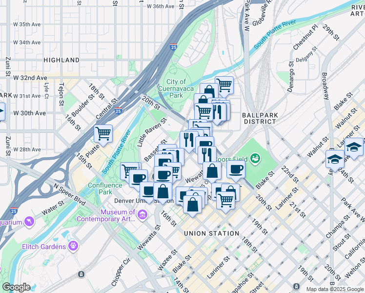 map of restaurants, bars, coffee shops, grocery stores, and more near 1903 Chestnut Place in Denver