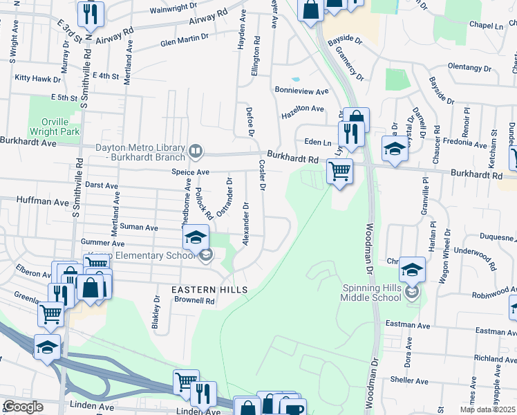 map of restaurants, bars, coffee shops, grocery stores, and more near 657 Cosler Drive in Dayton