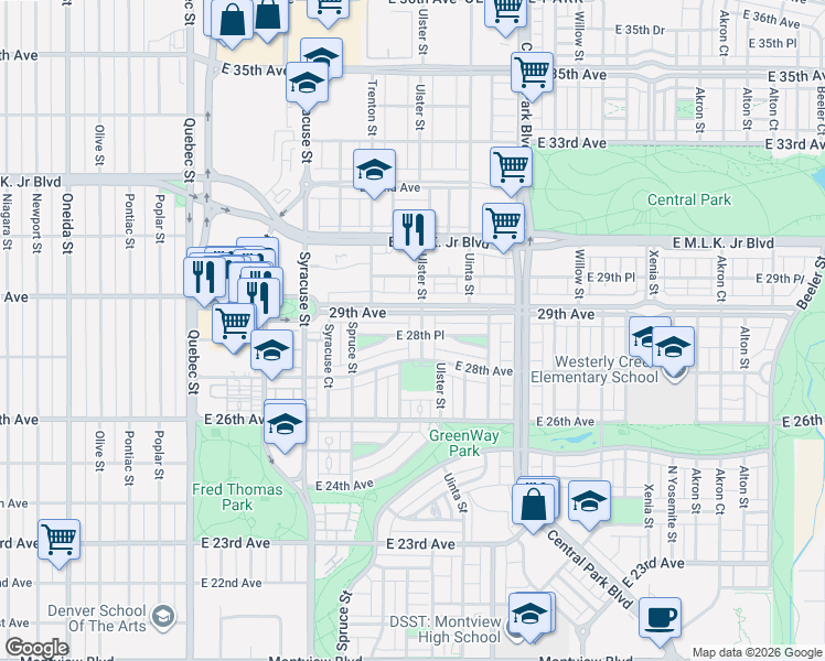 map of restaurants, bars, coffee shops, grocery stores, and more near 8049 28th Place in Denver