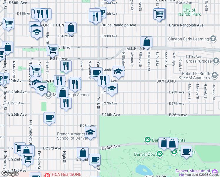 map of restaurants, bars, coffee shops, grocery stores, and more near 2830 Josephine Street in Denver