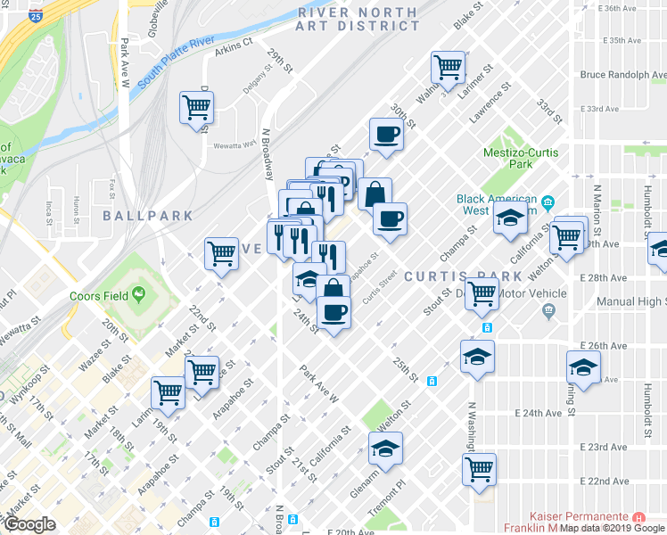 map of restaurants, bars, coffee shops, grocery stores, and more near 2533 Lawrence Street in Denver