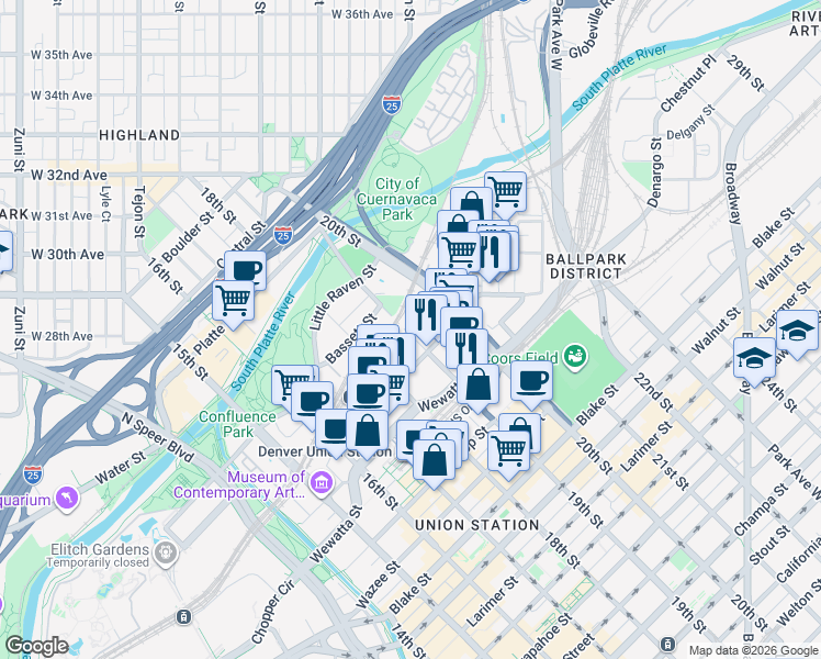 map of restaurants, bars, coffee shops, grocery stores, and more near 1903 Chestnut Place in Denver