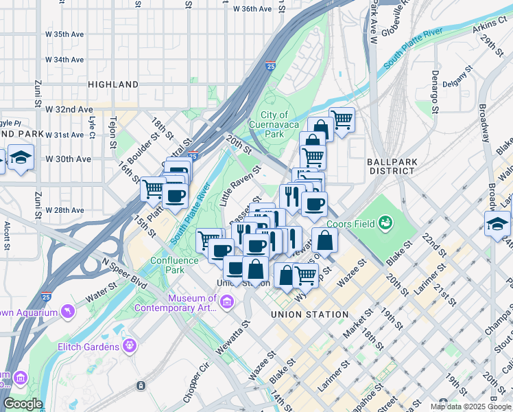map of restaurants, bars, coffee shops, grocery stores, and more near 2101 19th Street in Denver
