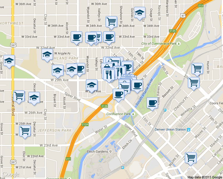 map of restaurants, bars, coffee shops, grocery stores, and more near 2500 15th Street in Denver