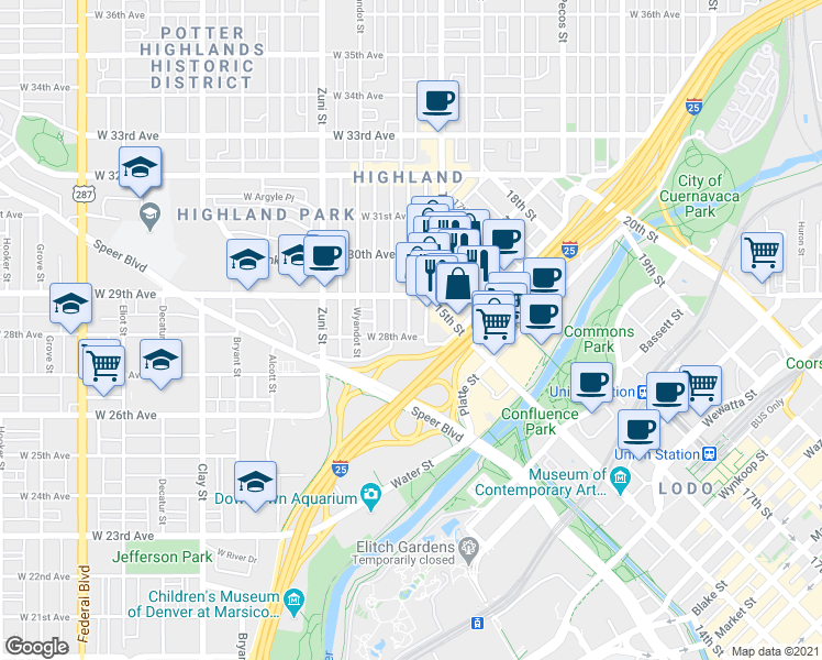 map of restaurants, bars, coffee shops, grocery stores, and more near 2103 West 28th Avenue in Denver