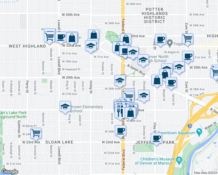 map of restaurants, bars, coffee shops, grocery stores, and more near 3115 West 28th Avenue in Denver
