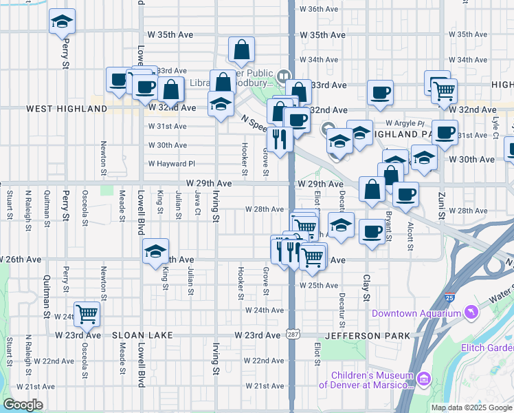 map of restaurants, bars, coffee shops, grocery stores, and more near 3115 West 28th Avenue in Denver