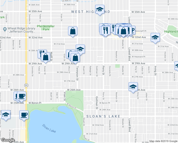 map of restaurants, bars, coffee shops, grocery stores, and more near 2809 Raleigh Street in Denver
