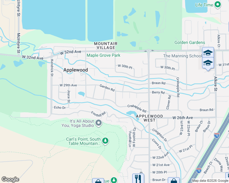 map of restaurants, bars, coffee shops, grocery stores, and more near 14450 Garden Road in Golden