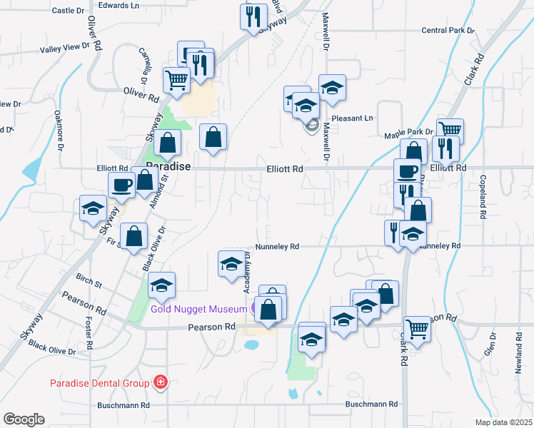 map of restaurants, bars, coffee shops, grocery stores, and more near 5921 Camino Lane in Paradise