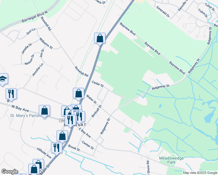 map of restaurants, bars, coffee shops, grocery stores, and more near 21 Cedar Street in Barnegat Township