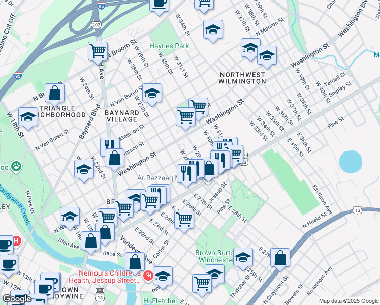 map of restaurants, bars, coffee shops, grocery stores, and more near 207 West 28th Street in Wilmington