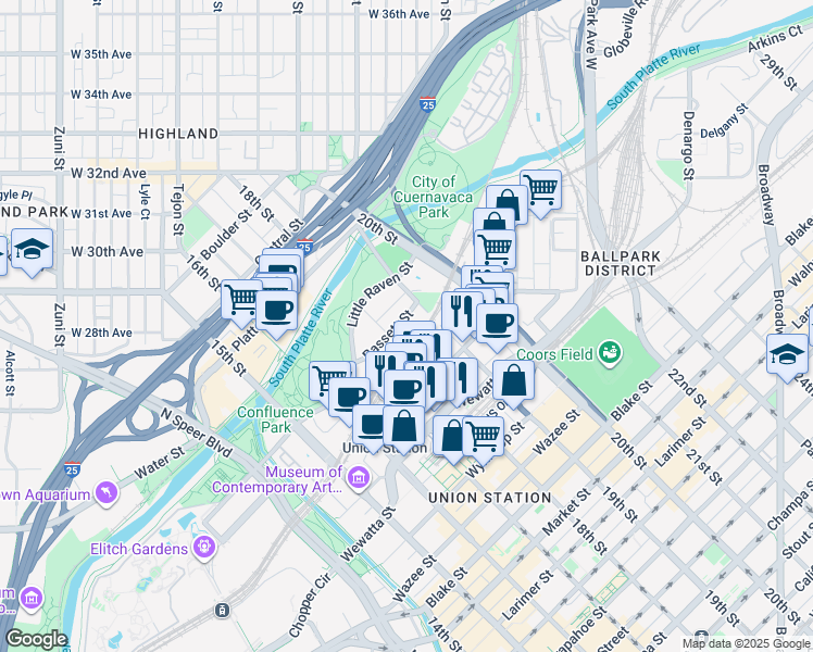 map of restaurants, bars, coffee shops, grocery stores, and more near 1850 Bassett Street in Denver