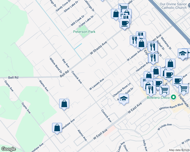 map of restaurants, bars, coffee shops, grocery stores, and more near 87 Cinder Cone Loop in Chico