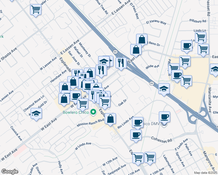 map of restaurants, bars, coffee shops, grocery stores, and more near 267 Connors Avenue in Chico
