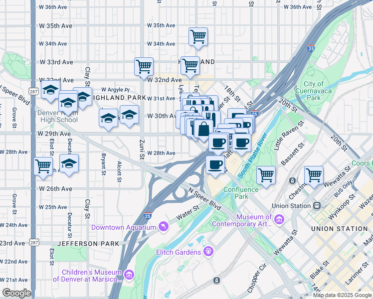 map of restaurants, bars, coffee shops, grocery stores, and more near 2103 West 28th Avenue in Denver