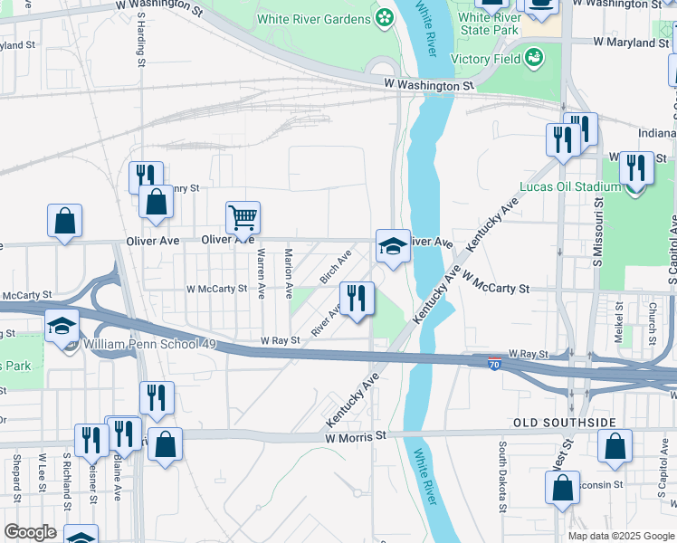 map of restaurants, bars, coffee shops, grocery stores, and more near 645 Birch Avenue in Indianapolis