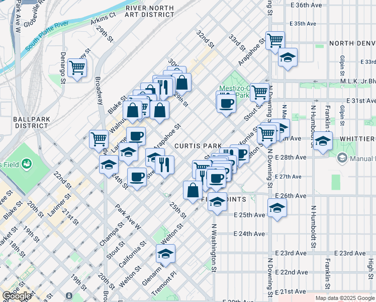 map of restaurants, bars, coffee shops, grocery stores, and more near 2729 Champa Street in Denver