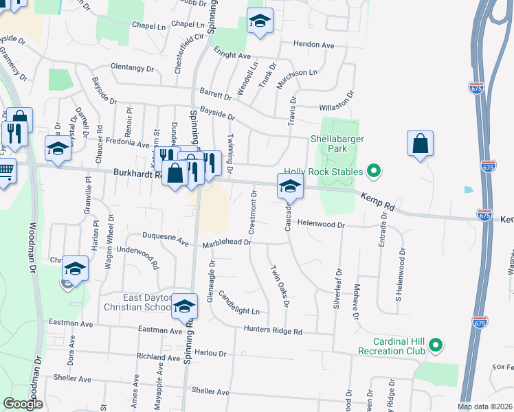 map of restaurants, bars, coffee shops, grocery stores, and more near 628 Crestmont Drive in Dayton