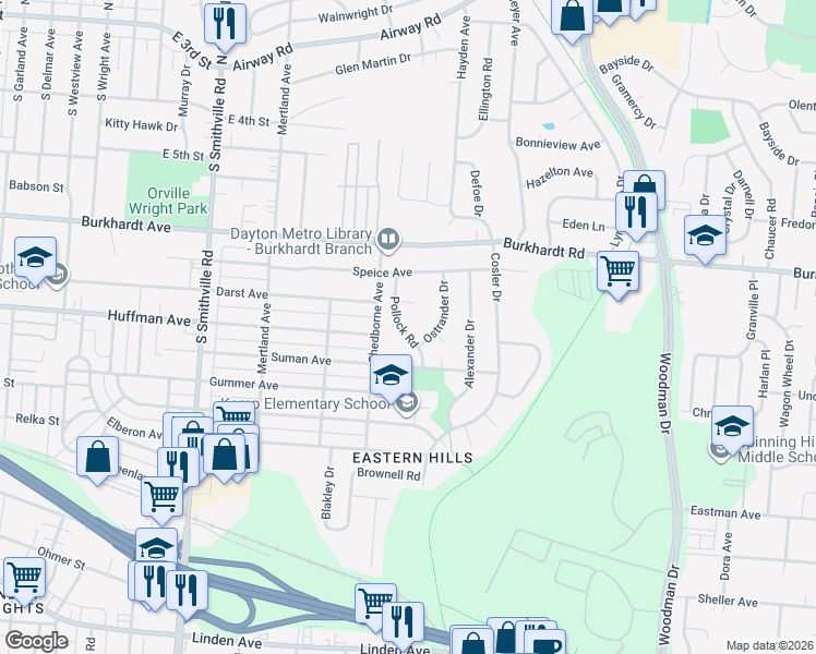map of restaurants, bars, coffee shops, grocery stores, and more near 522 Pollock Road in Dayton