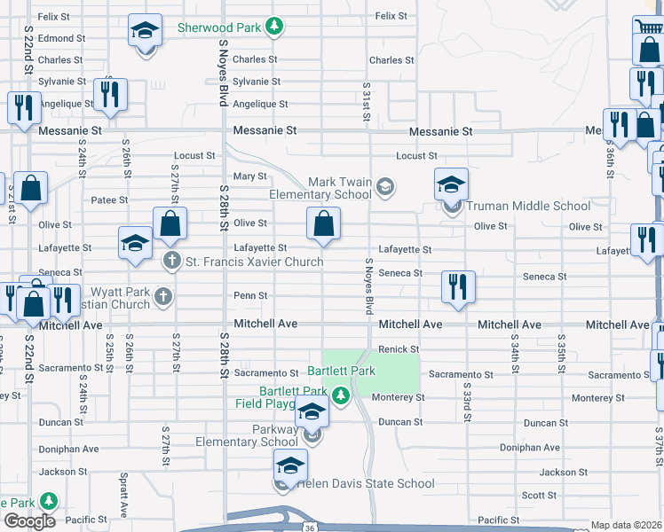 map of restaurants, bars, coffee shops, grocery stores, and more near 3011 Seneca Street in Saint Joseph