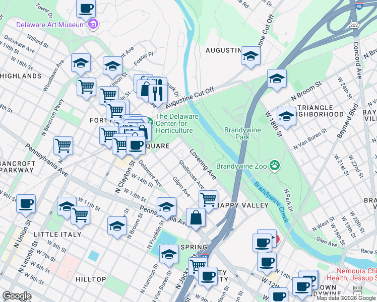map of restaurants, bars, coffee shops, grocery stores, and more near 1402 Lovering Avenue in Wilmington