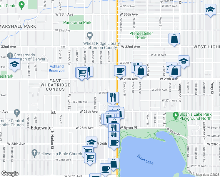 map of restaurants, bars, coffee shops, grocery stores, and more near 2820 Ames Street in Wheat Ridge