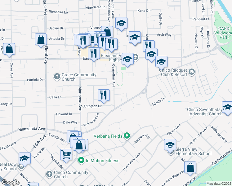 map of restaurants, bars, coffee shops, grocery stores, and more near 1 Garwood Ln in Chico