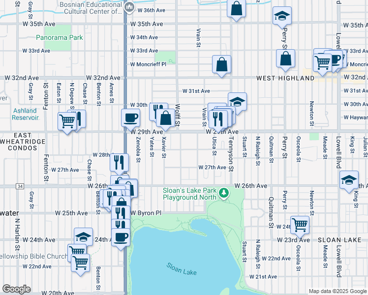 map of restaurants, bars, coffee shops, grocery stores, and more near 2800 Wolff Street in Denver