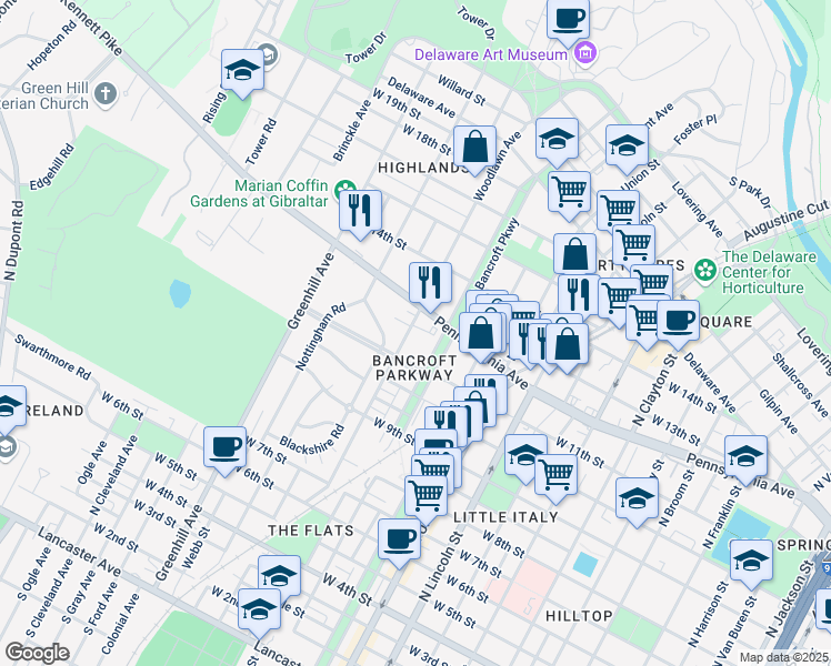 map of restaurants, bars, coffee shops, grocery stores, and more near 1112 Woodlawn Avenue in Wilmington