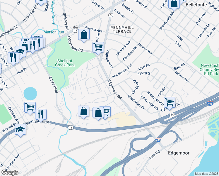 map of restaurants, bars, coffee shops, grocery stores, and more near 5703 Highland Court in Wilmington