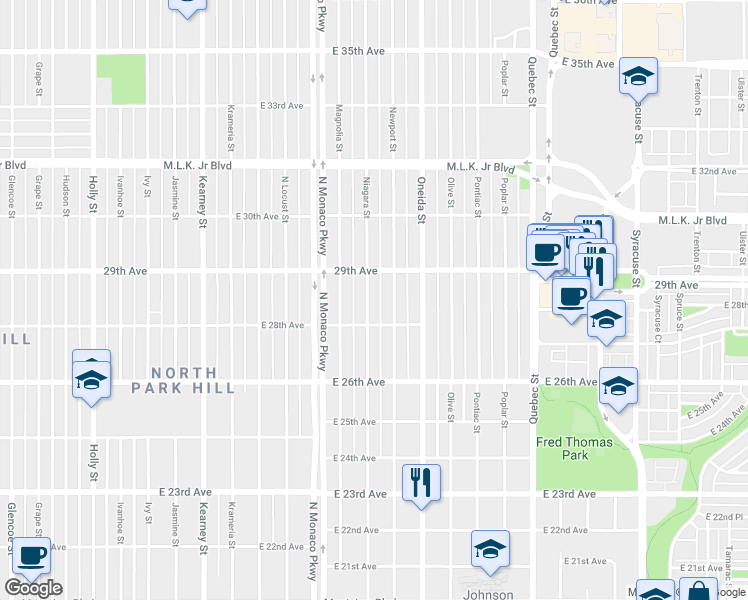 map of restaurants, bars, coffee shops, grocery stores, and more near 2846 Niagara Street in Denver